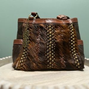 American west purse, genuine leather purse with fur on cowhide